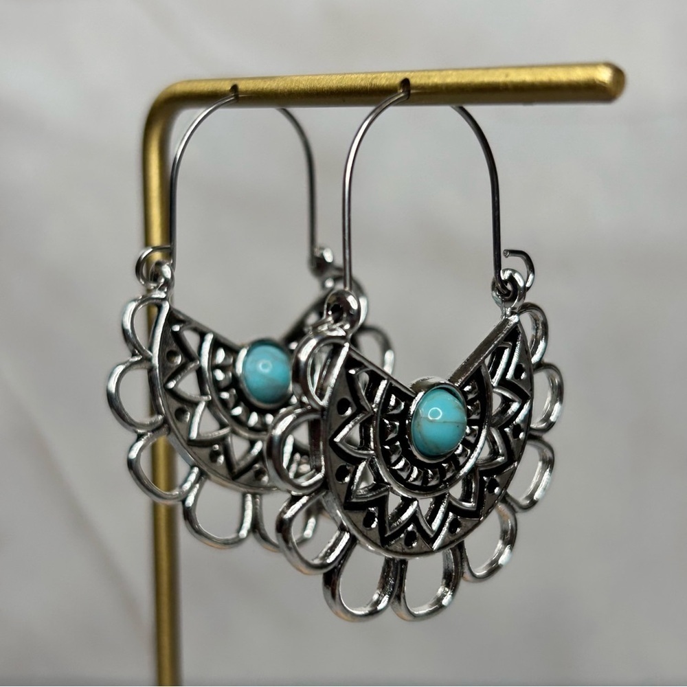 Silver Tone and Turquoise Stone Earrings